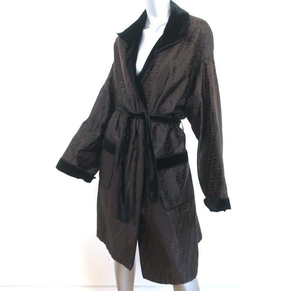 VINTAGE FENDI FF JACQUARD ROBE WITH VELVET TRIM DARK BROWN SIZE US 12 - Picture 3 of 6